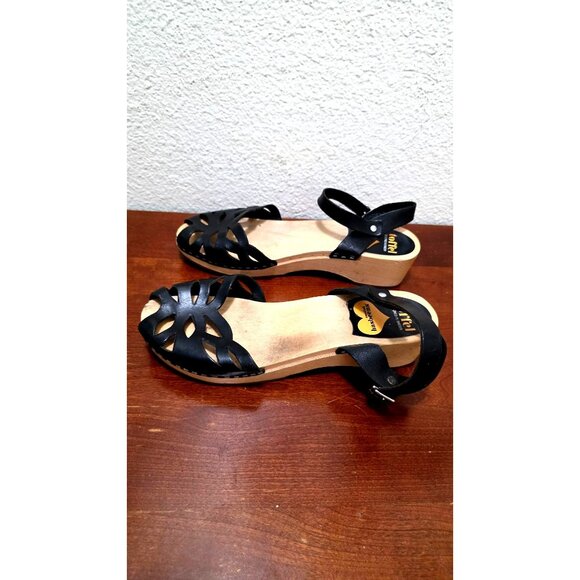 Swedish Hasbeens Women's Black Leather Peep-Toe Sandals Wooden Platform & Ankle - Picture 4 of 13